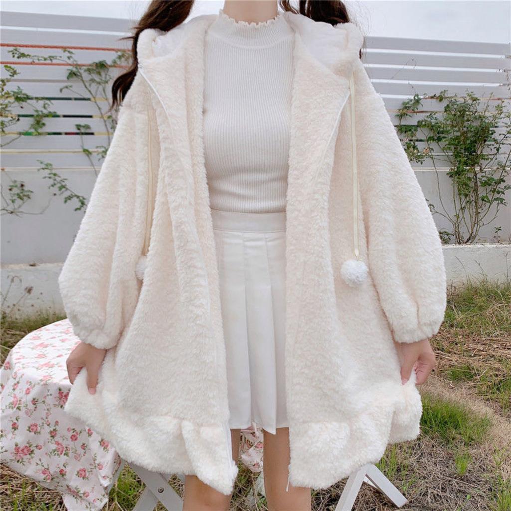 Women's Winter Fashion Casual Hooded Long-sleeve Ruffled Lamb Wool Coat