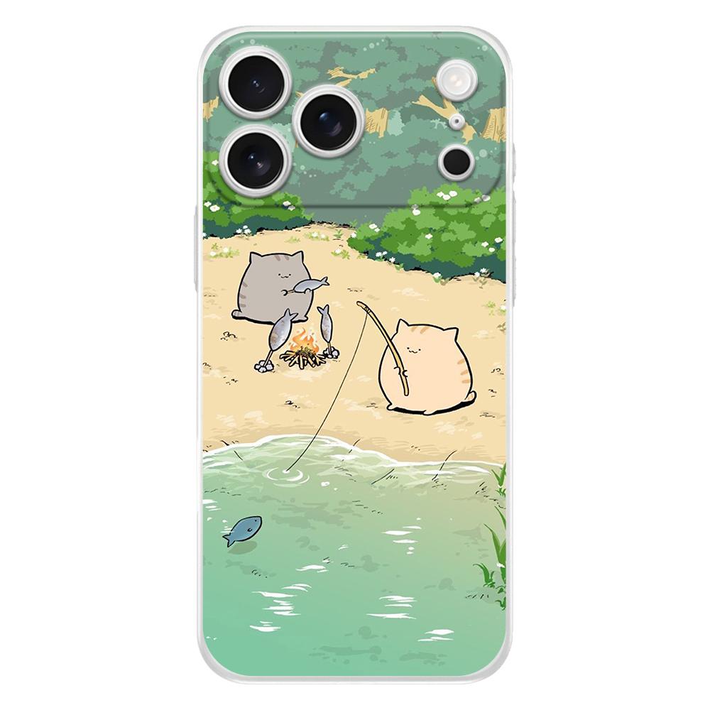 Soft Clear TPU Phone Case For iPhone 17 Air 16E 16 11 15 14 Pro MAX 12 13 7 8 Plus SE Easter Cover Protection Cat Fishing
