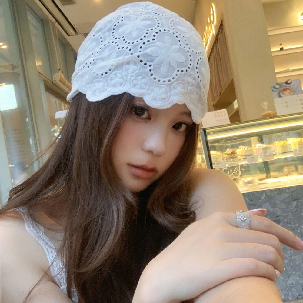 Y2k Embroidered Lace Hat Breathable Skullcap Sweet Beanies Hat  Outdoor