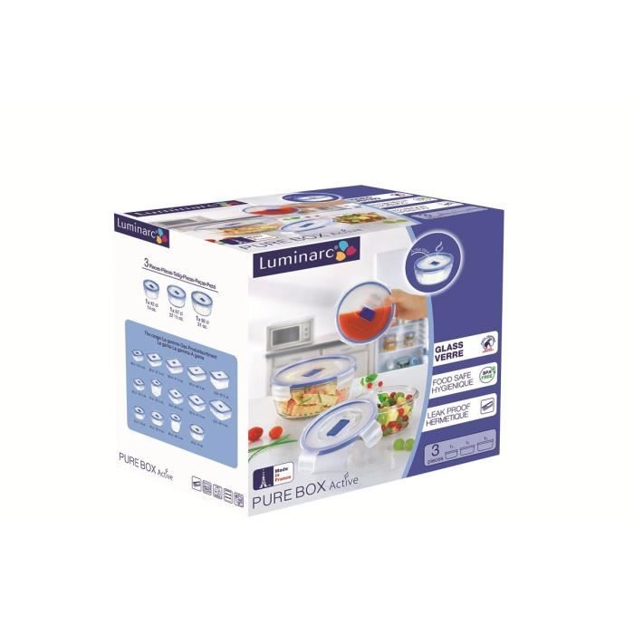 Luminarc set de 3 boites rectangles + couvercles pure box active transparent et bleu