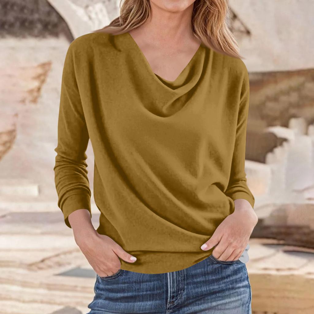 Womens Draped Cowl Neck Shirts Casual Long Sleeve Loose  Pullover Tops