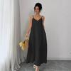 European and American Popular Elegant Black Solid Color Suspender Dress Sleeveless Vacation Style Long Dress