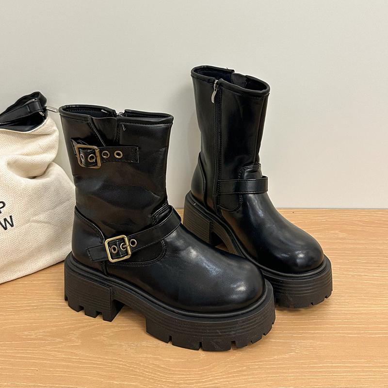 

Ankle Women s Boots Flats Fashion Platform Leather Shoes Winter Motorcycle Boots New Trend Buckle Designer Mujer De Botas 40