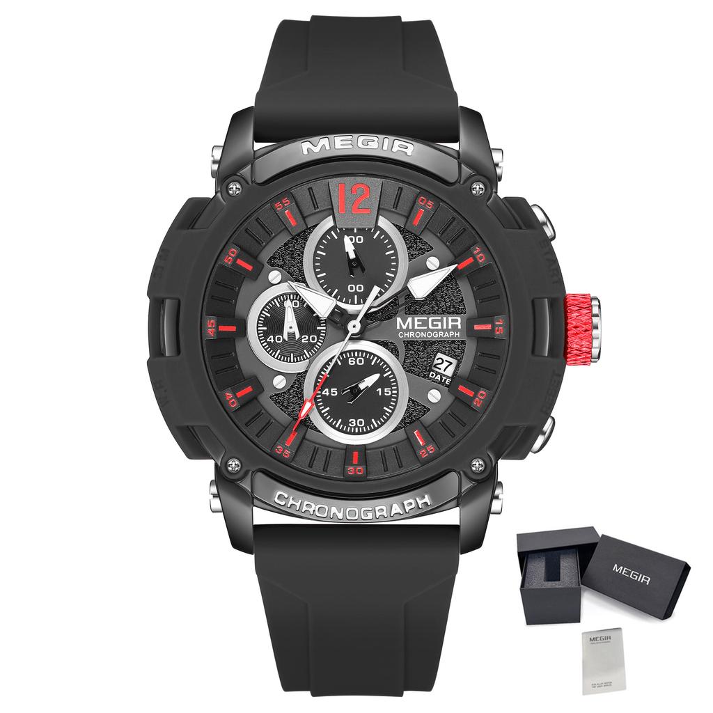 MEGIR Watches for Men Silicone Strap Quartz Chronograph Waterproof Luxury Military Sport Wristwatch Auto Date Reloj Hombre 2208