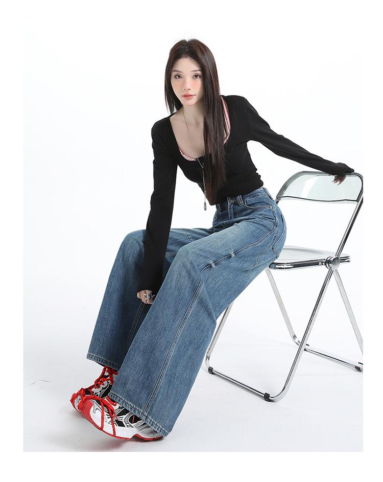 Women's American Retro Blue Wide-Leg Scissor-Cut Jeans - High-Waisted, Slimming, Loose, Floor-Length, Spring 2026 Collection