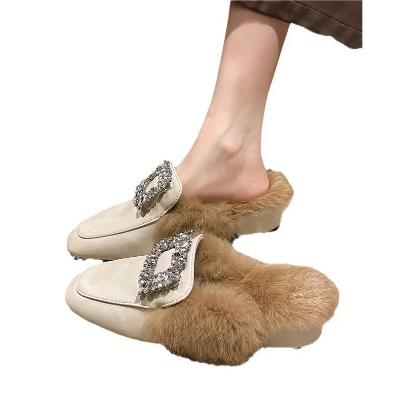 Fashion Baotou Women's Outdoor Slippers 2024 Autumn Fashionable Square Toe Thick Heel One Line Women's Cotton Slippers Zapatos De Mujer