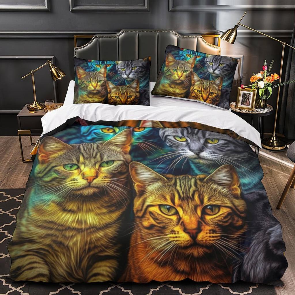3D Digital Printing Color Cat Series Quilt Cover Pillowcase Two Or Three-Piece Set Polyester Abraded