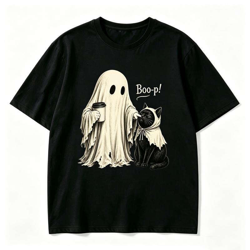 Ghost Black Cat Coffee T Shirt Vintage Retro Red Moon Bat Graphic Tee Halloween Unisex Casual Short Sleeve Pumpkin Season Tops