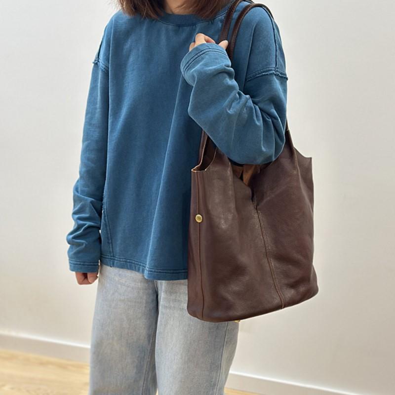 Johnature Handmade Casual Tote Bag Versatile Commuting Shoulder Bag Large Capacity Genuine Leather Handbag