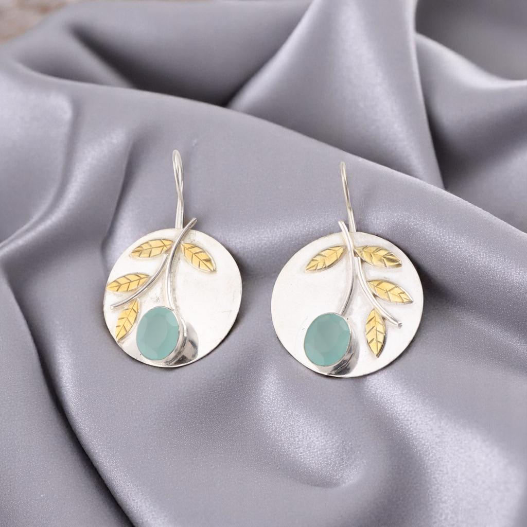 Aqua Chalcedony Gemstone 925 Sterling Silver Jewelry Handmade Earrings 1.73" EE-176-9