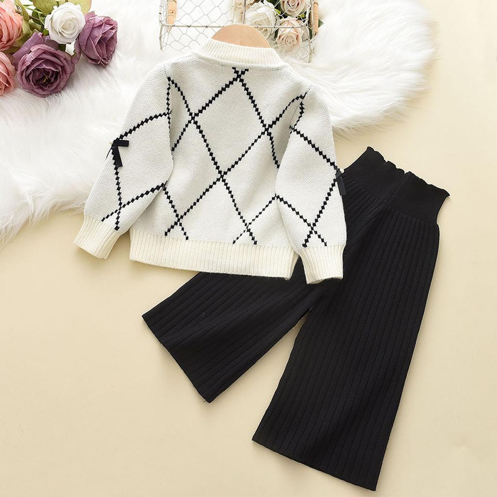 Girl's Bow Sweater Cardigan+Knitted Wide Leg Pants Two-piece Set