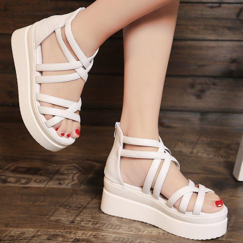 Summer new Korean version of student muffin women's shoes thick-soled medium-heeled flat-soled women's sandals open-toed roots casual Roman shoes