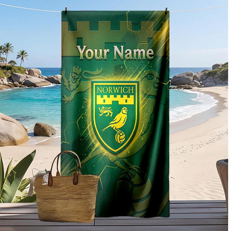 Norwich City Gepersonaliseerde Bedrukte Strandlaken Voetbal Logo Steun Aangepaste Naam Tekst Absorberende Handdoek Voor Sport Reizen Speciaal Cadeau