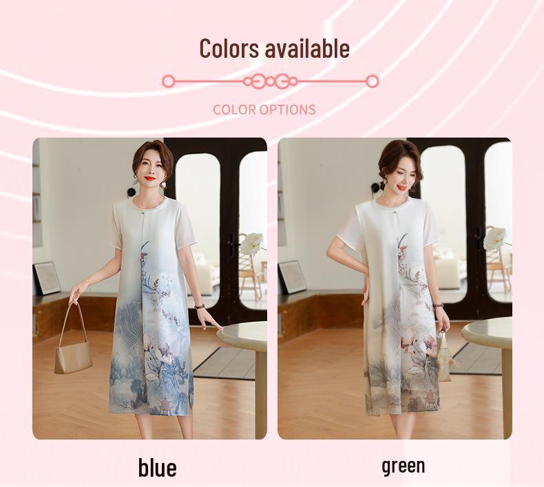 Elegant Ice Silk Summer Dress for Middle-Aged Women - Short Sleeve, Knee-Length, Chinese-Inspired Design