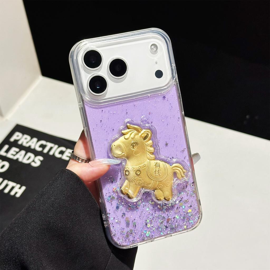 For iPhone 17 Pro Case Sparkling Glitter PC Phone Cover with Golden Horse Ornament