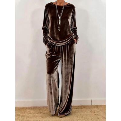 Novo Conjunto Feminino Casual de Veludo Multicor com Gola Redonda, Manga Longa e Calças