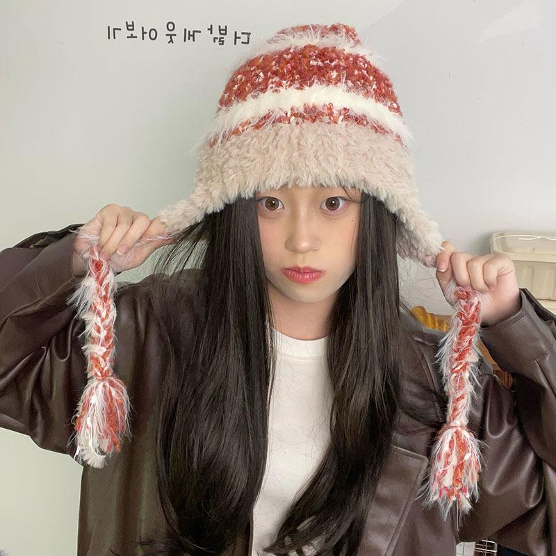 Striped splicing knitted ear protector children autumn and winter thickened warm wool cap pullover cap plush Lei Feng hat tide