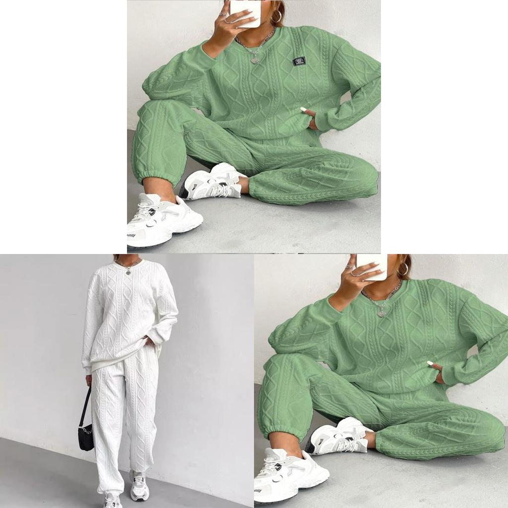 Autumn Winter Trendy Geometric Pattern Knit Pantsuit For Women Casual Lounge Wear