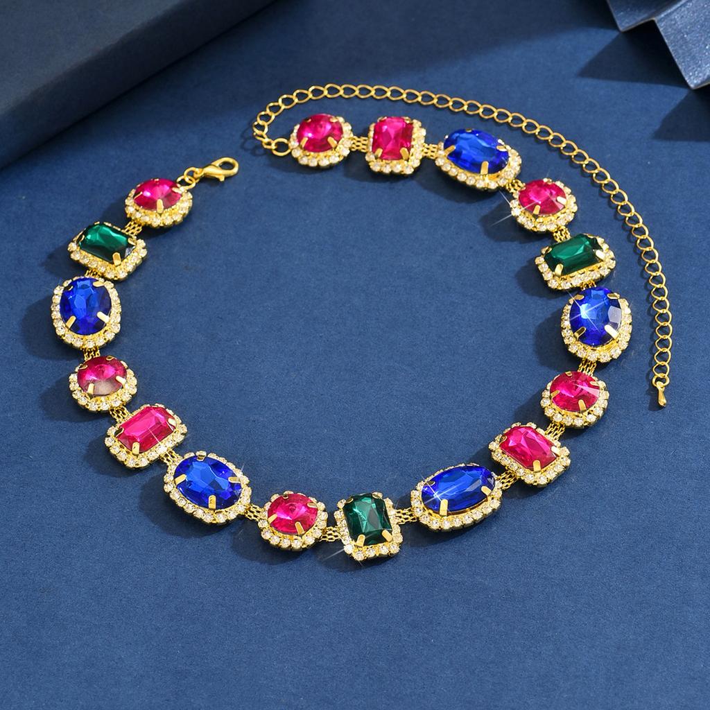 Luxury Full Diamond Geometric Oval Color Crystal Neck Chain Earrings Rhinestone Necklace Fashion Exaggerated Bundle Necklace