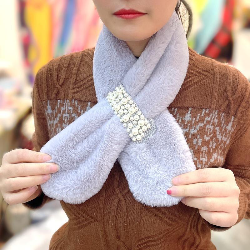 Autumn And Winter New Plush Imitation Rabbit Hair Pearl Buttons Fur Scarve Solid Colour Versatile Scarve Fashion Women's Scarve