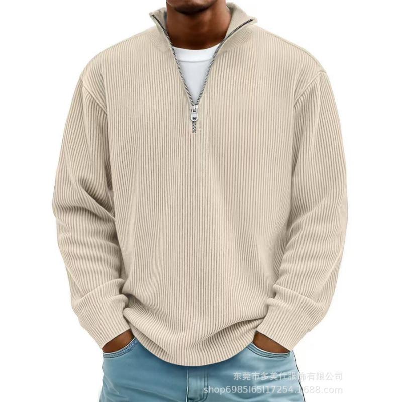Fall Winter Men's Ribbed Knit Quarter Zip Pullover Long Sleeve Stand Collar Casual Sweatshirt
