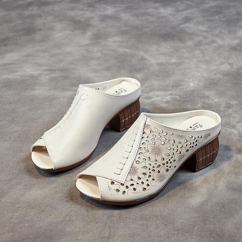 Retro summer new women's shoes first layer cowhide slippers thick heel soft sole sandals female mother wearing breathable high heels