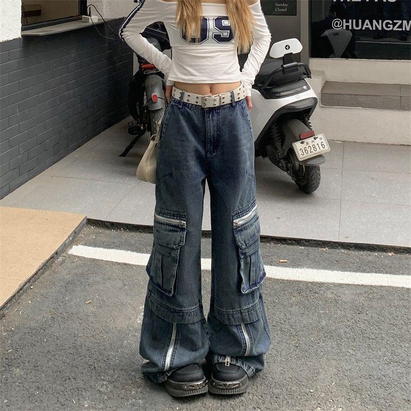 

Young Style American Retro Wide Leg Jeans Safari Style Pockets Women s Clothing Button High Street Fashion Zipper Loose Trousers S синій
