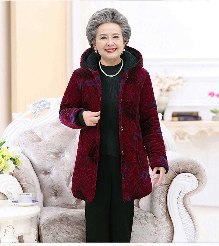 Elderly Women's Cotton-Padded Winter Jacket - Thickened Velvet Coat for 70-Year-Olds