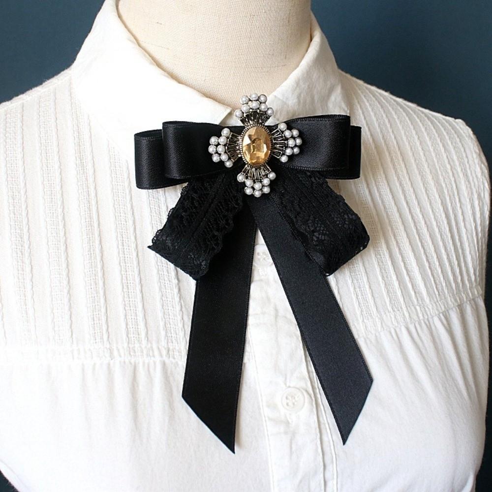 Rhinestone Crystal Ribbon Bow Brooch Polyester Shirt Collar Pin Neckline Decoration Brooches  Women