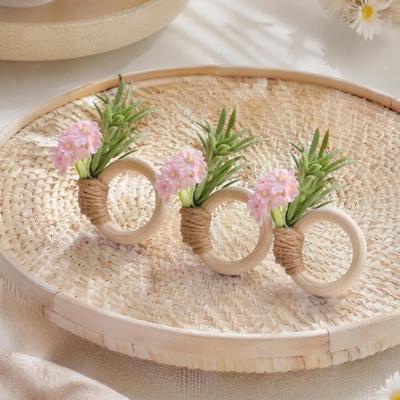 Boho Dining Accessories Artificial Rosemary Napkin Rings Farmhouse Wooden Napkin Holders Rustic Faux Flower Rings for Wedding