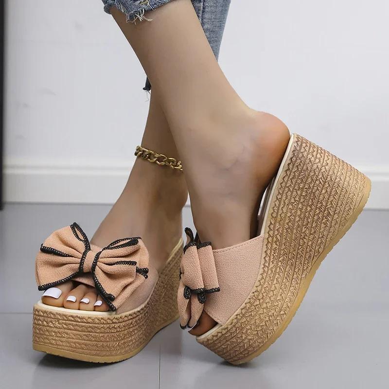 Fashion 2025 Women Slippers Fashion Pee Toe Summer Footwear Luxury Butterfly-knot High Heels Slides Platform Wedges Ladies Shoes Round