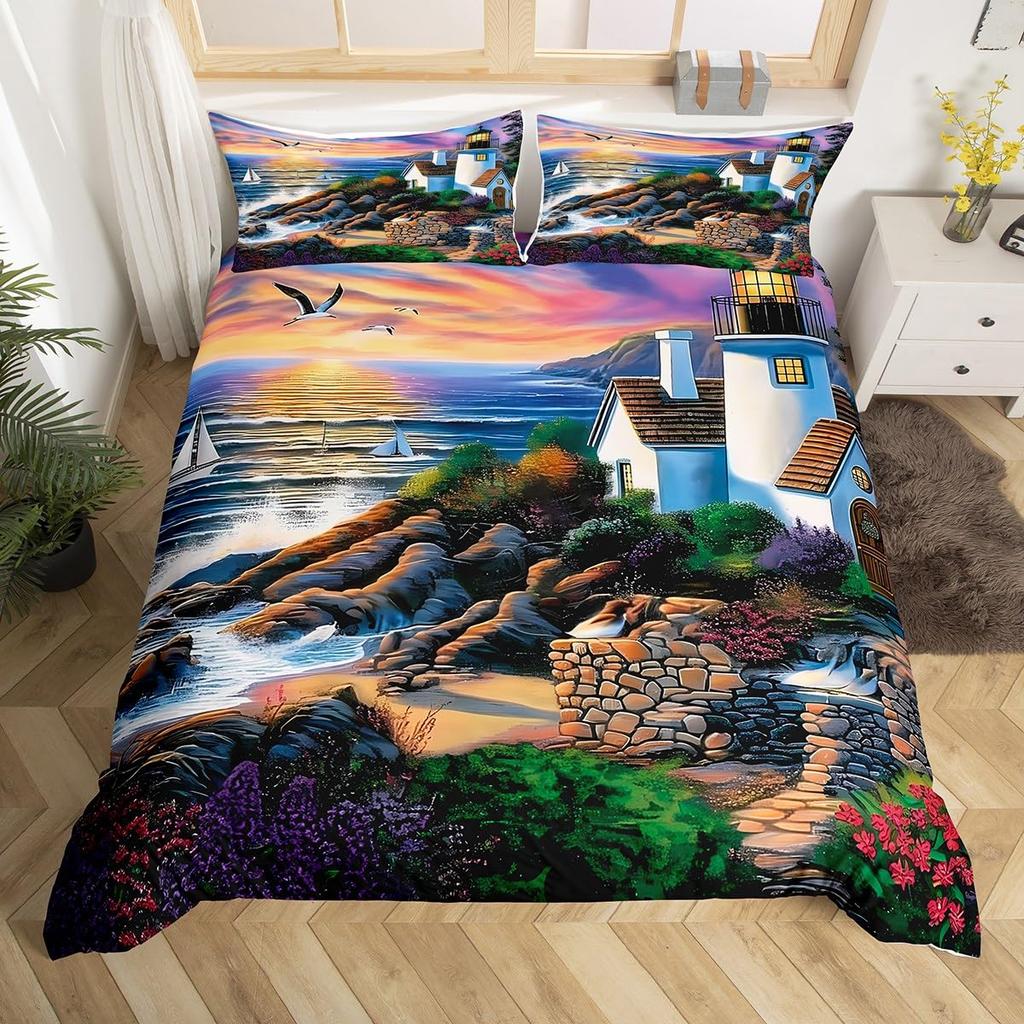 Ocean Beach Duvet Cover Full Lighthouse Comforter Cover Floral Butterfly Bedding Set for Adults Kids Summer Vacation Quilt Cover