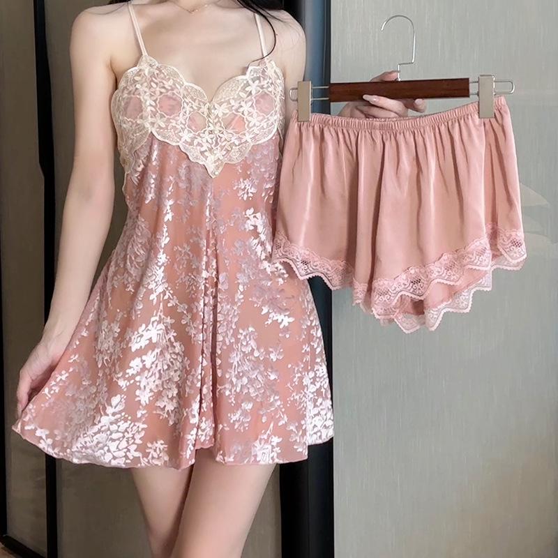 French Sexy Women's Pajamas: 2025 Burnt-Out Lace Camisole & Shorts Set