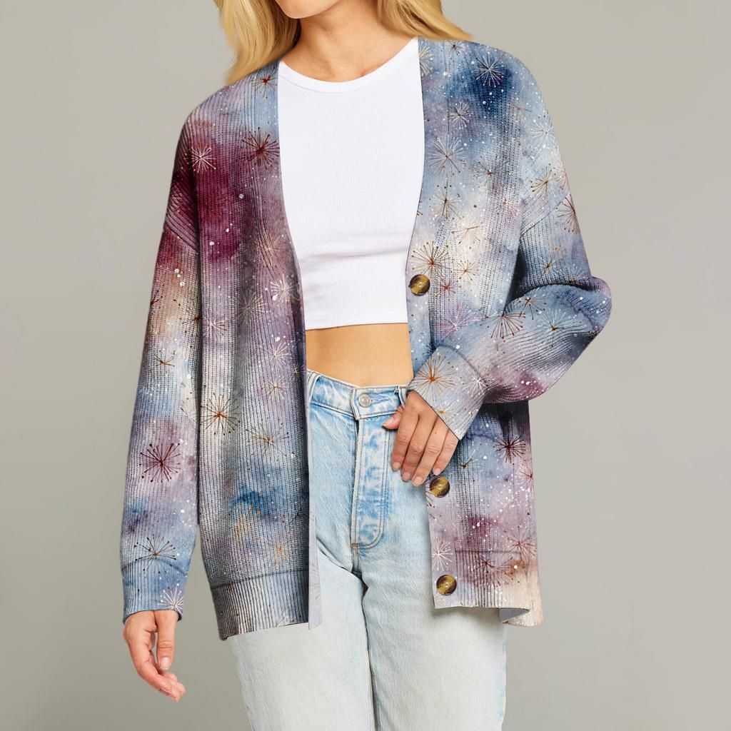 Women's Fashion Long Sleeve Print V-Neck Button Loose Cardigan Top
