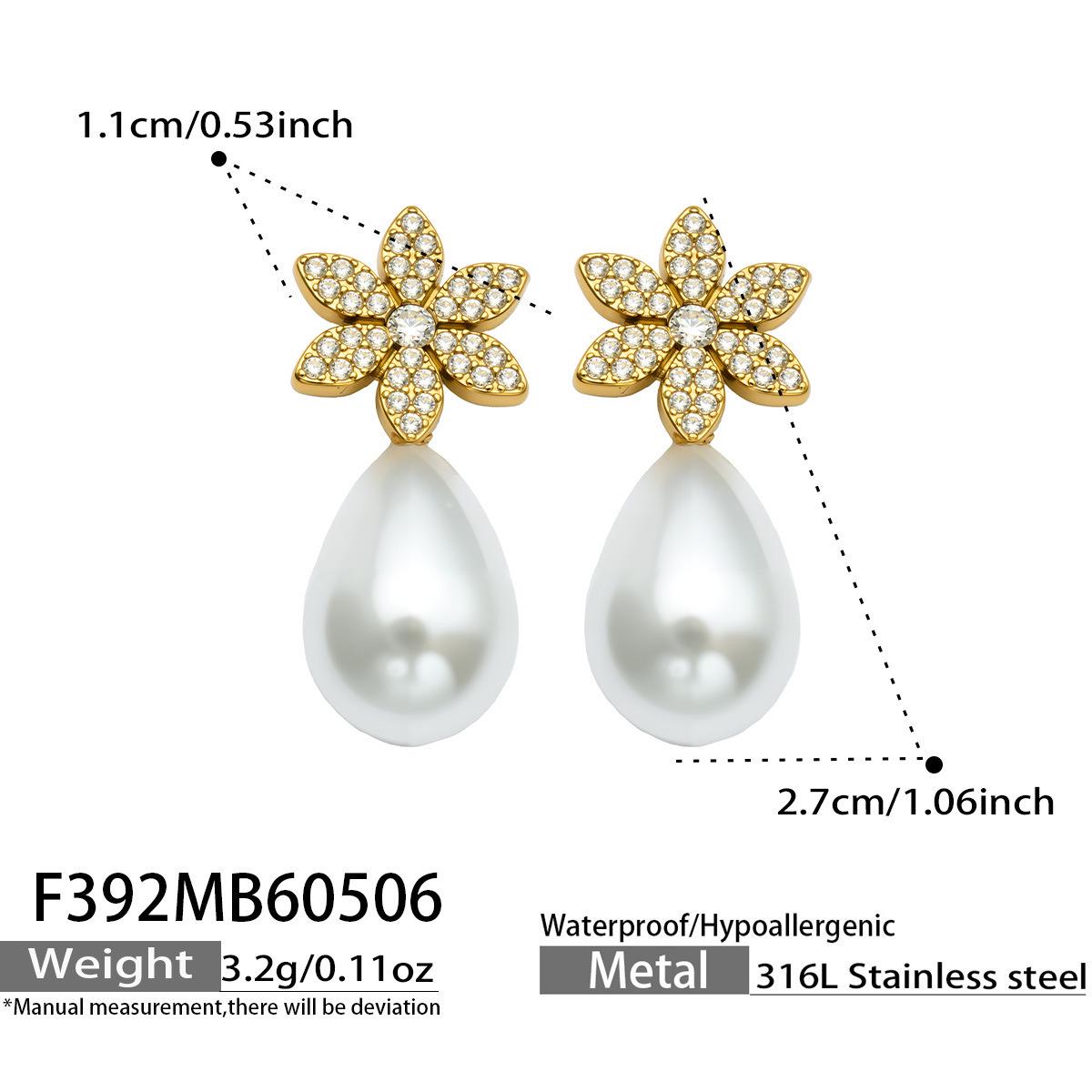 Elegant Stainless Steel Flower Earrings with Cubic Zirconia & Faux Pearl Drops