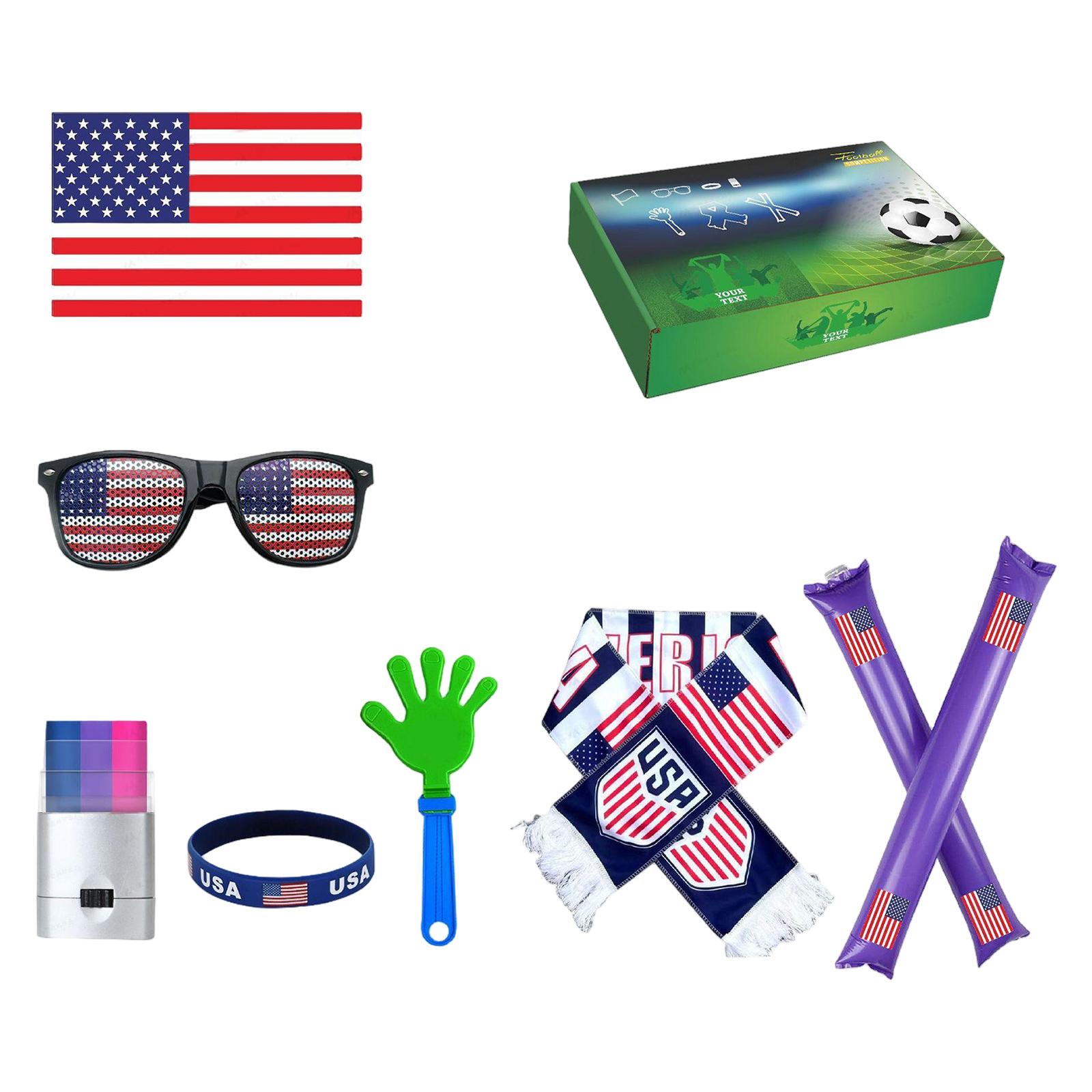 

Brazilian Sports Fan Set Includes Flag Glasses Scarf Inflatable Sticks Bracelet Hand Clapper and Box for Events and Celebrations One Size
