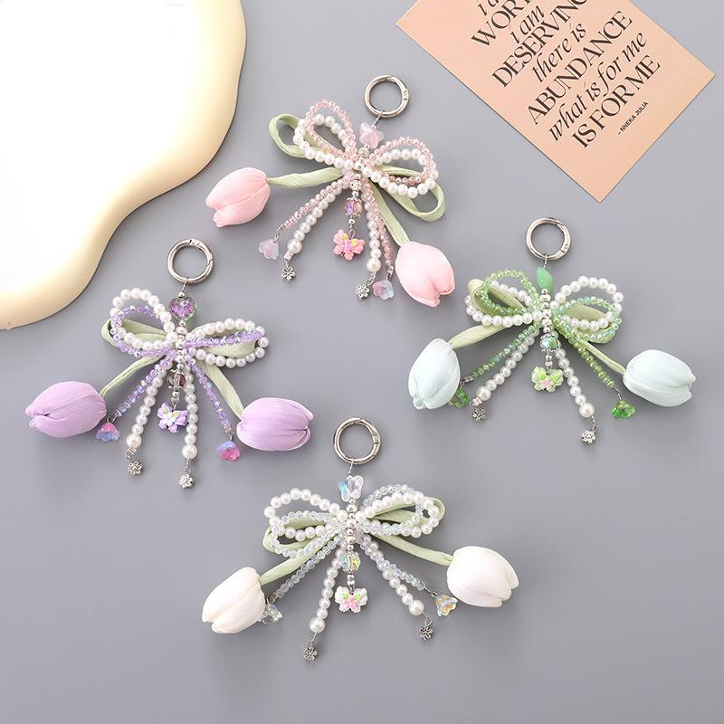 Ins Style Tulip Flower Keychain Sweet Bow Beaded Keyring Bag Pendant Earphone Case Hanging Decoration For Girls Gift