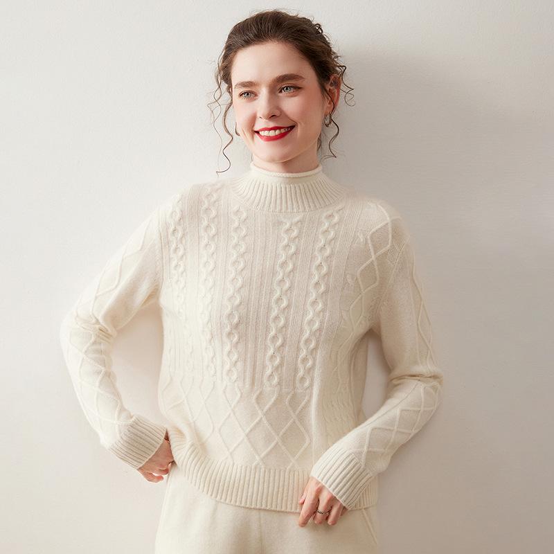 Women's Half-High Neck Cable Knit Cashmere Sweater - Diamond Pattern, Thick & Warm for Autumn & Winter