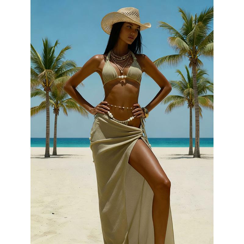 Summer 3 Piece Bikini Sets Elegant Pearl Waist Belt Swimwear with Maxi Beach Skirt Beachwear Long Sarong Bathing Suit