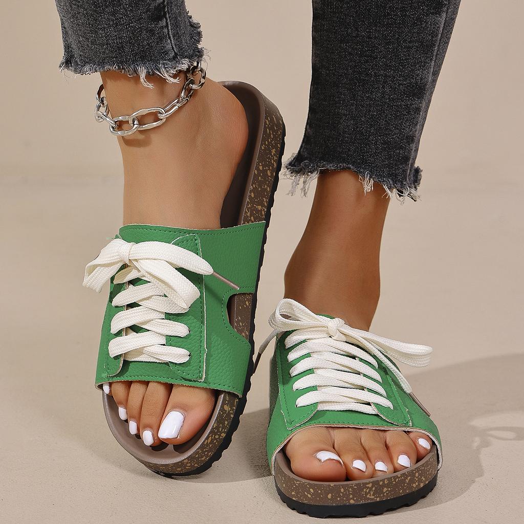 Fashion Large Size Knitted Lace-Up Slippers Womens Casual Shoes 2025 New Flat-Heeled Roman Sandals Thick-Soled Outdoor Beach Shoes