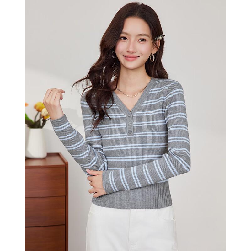IEF Autumn V-Neck Striped Knit Sweater