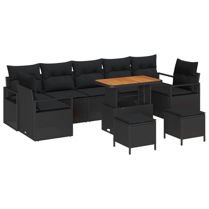 Ensemble de canapé de jardin 10 pièces avec coussins Noir Poly Rattan Acacia, Canapé de jardin 2 places avec rangement 3364459