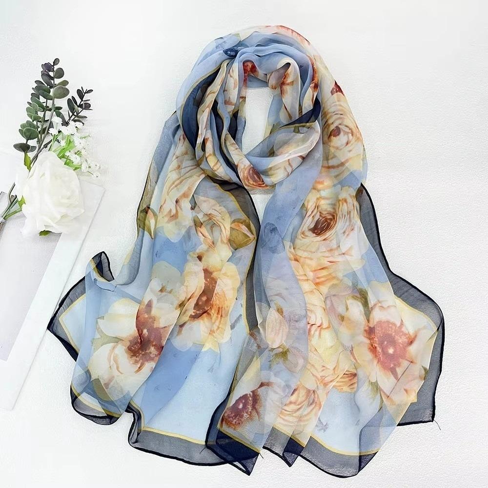 Thin Soft Long Chiffon Scarf Flower Print Beach Scarves Sun Protection Scarf for Casual Wear