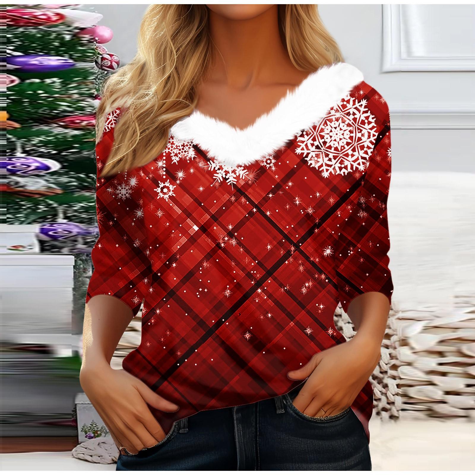 

Рубашки с длинным рукавом для женщин Милые топы Рождественские принты Футболки Блузки Повседневные топы больших размеров Базовые топы Пуловеры L винный