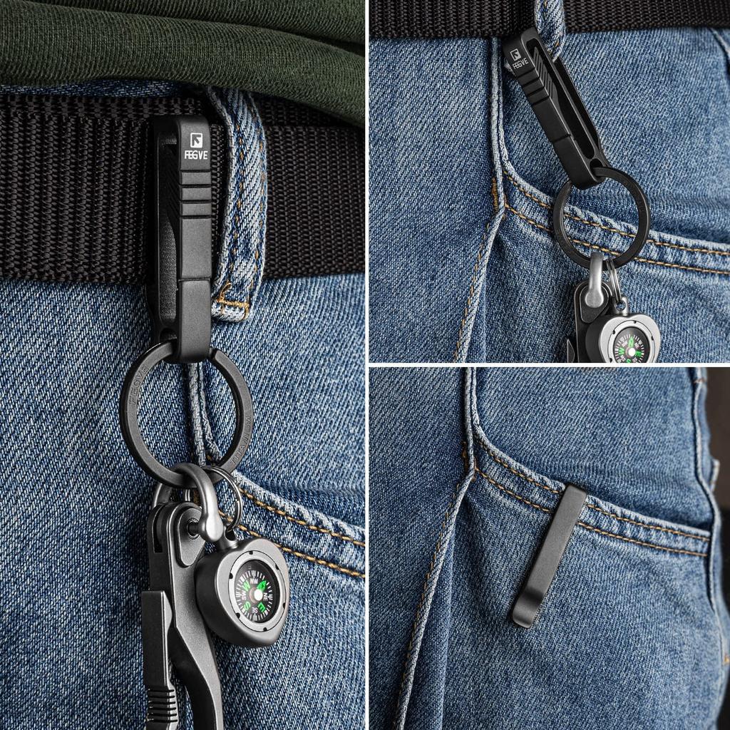 FEGVE Titanium Keychain with Belt Clip, Belt Loop, Carabiner, Stylish Keychain for Car, Bicycle, Motorcycle, and House Keys, Gift with Key Clip (BK1S/