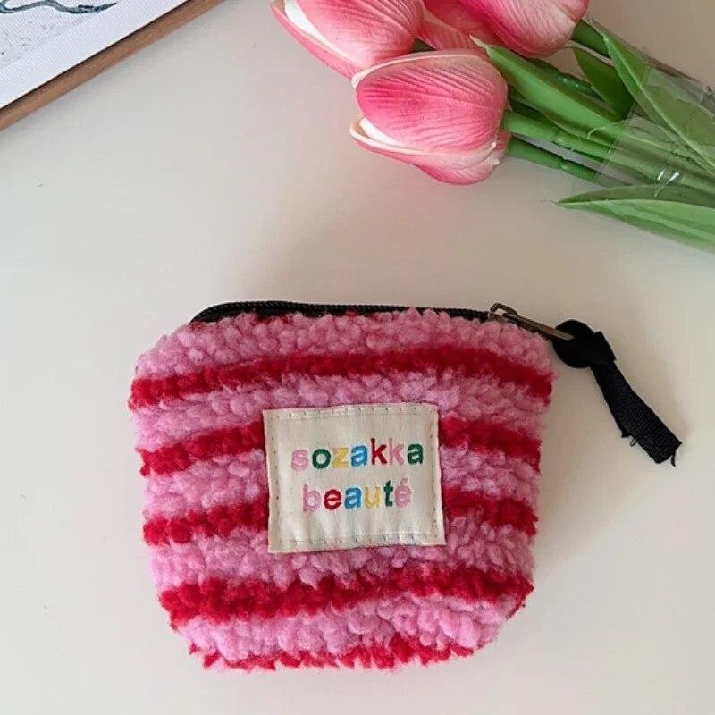 Stripes Plush Coin Purse Kawaii Cute Key Money Card Case Bags Small Coin Bags for Women Boys Girls Gift Mini Handbag