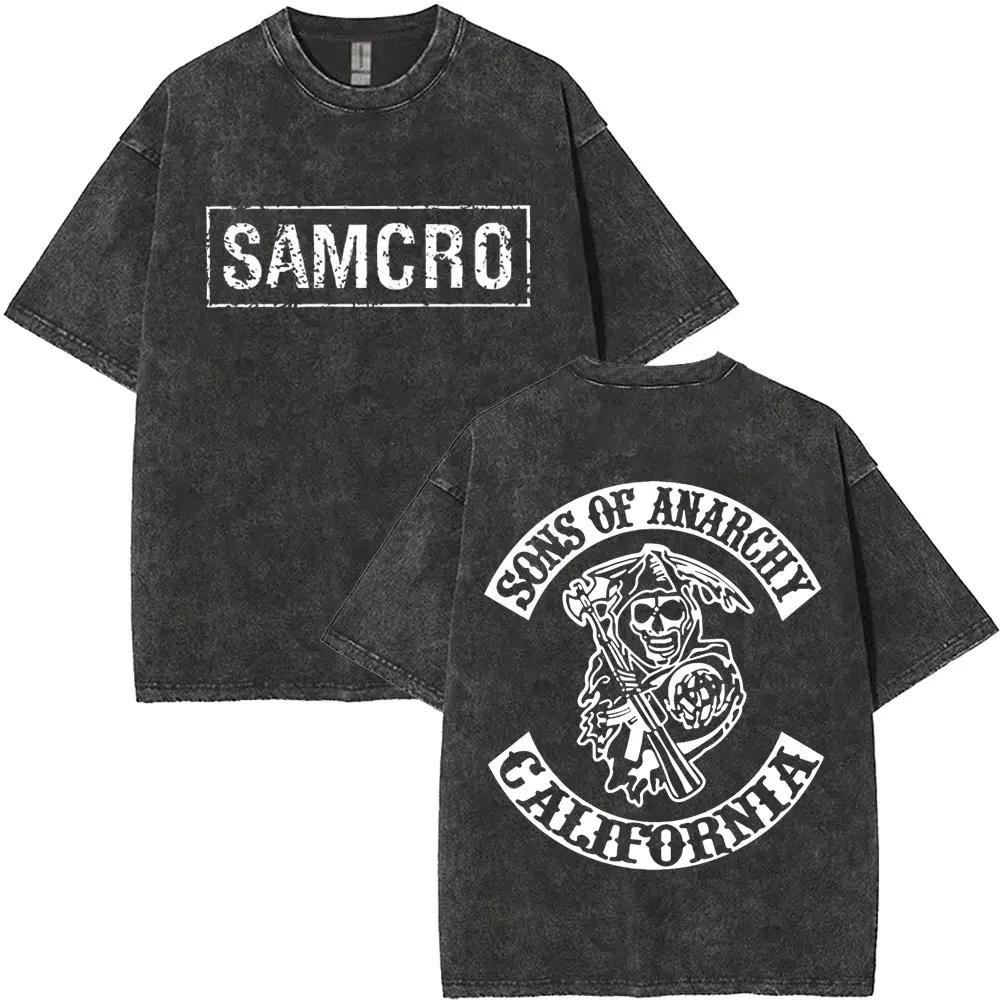 Hot Limited Anarchy Son Samcro Graphic Print Vintage Washed T-shirt Men Women Streetwear Skeleton Hip Hop Rock Casual Short Sleeve Loose Oversized Top