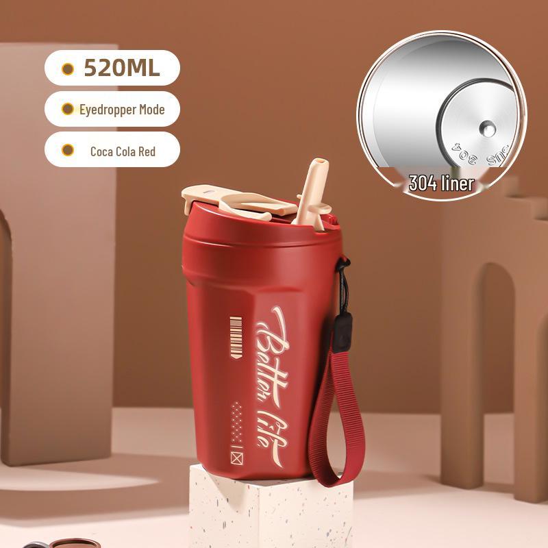High-Value Portable Straw Cup with Lanyard, 304 Stainless Steel, Ideal for Cola and Coffee, Great Gift