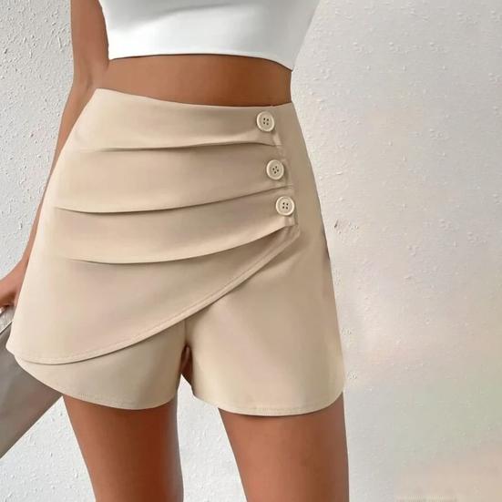 Sommer-Shorts für Damen, hohe Taille, asymmetrischer Plissee-Knopf-Dekor, einfarbig, schmale Passform, weiche Bauchkontrolle, über dem Knie liegende Mini-Shorts