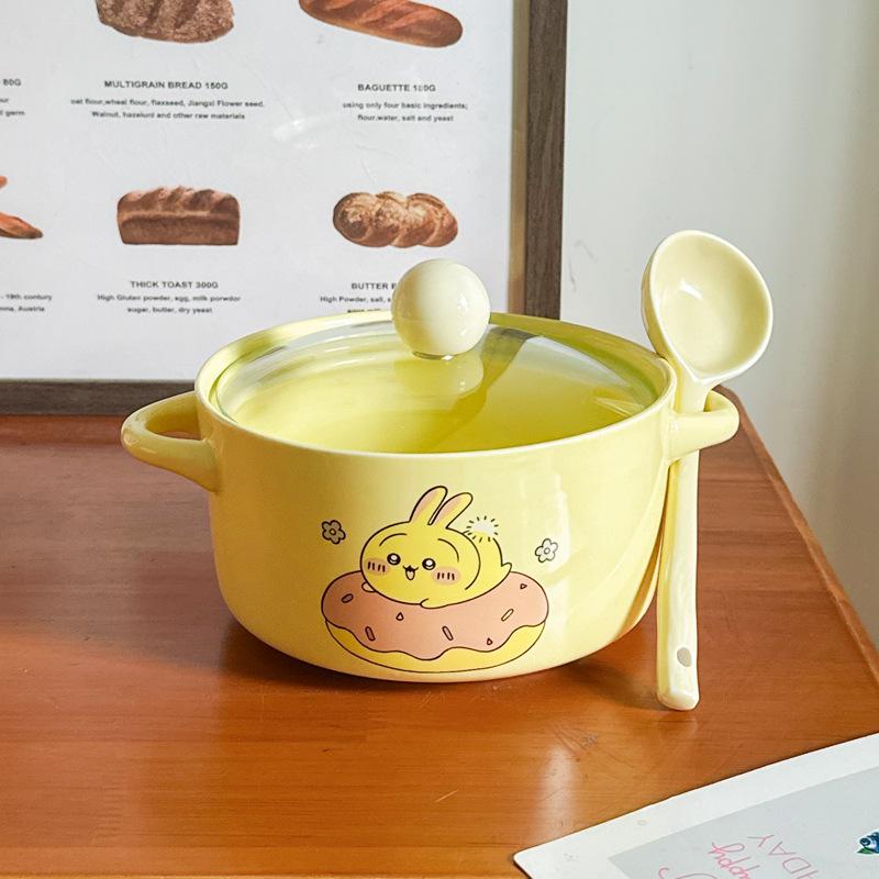High-value Cute Tableware Ceramic Instant Noodle Bowl with Lid Children's Rice Bowl Student Dormitory Instant Noodle Bowl Binaural Soup Bowl